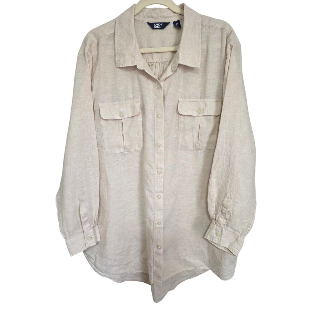 Lands End Beige 100% Linen Sz 16W/18W Natural Neutral Beach Minimalist Tunic Top